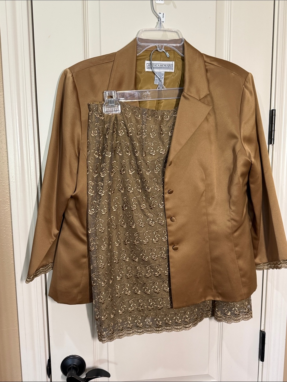 Jessica Howard Satin Blazer and Embroidered Lace Skirt in Gold